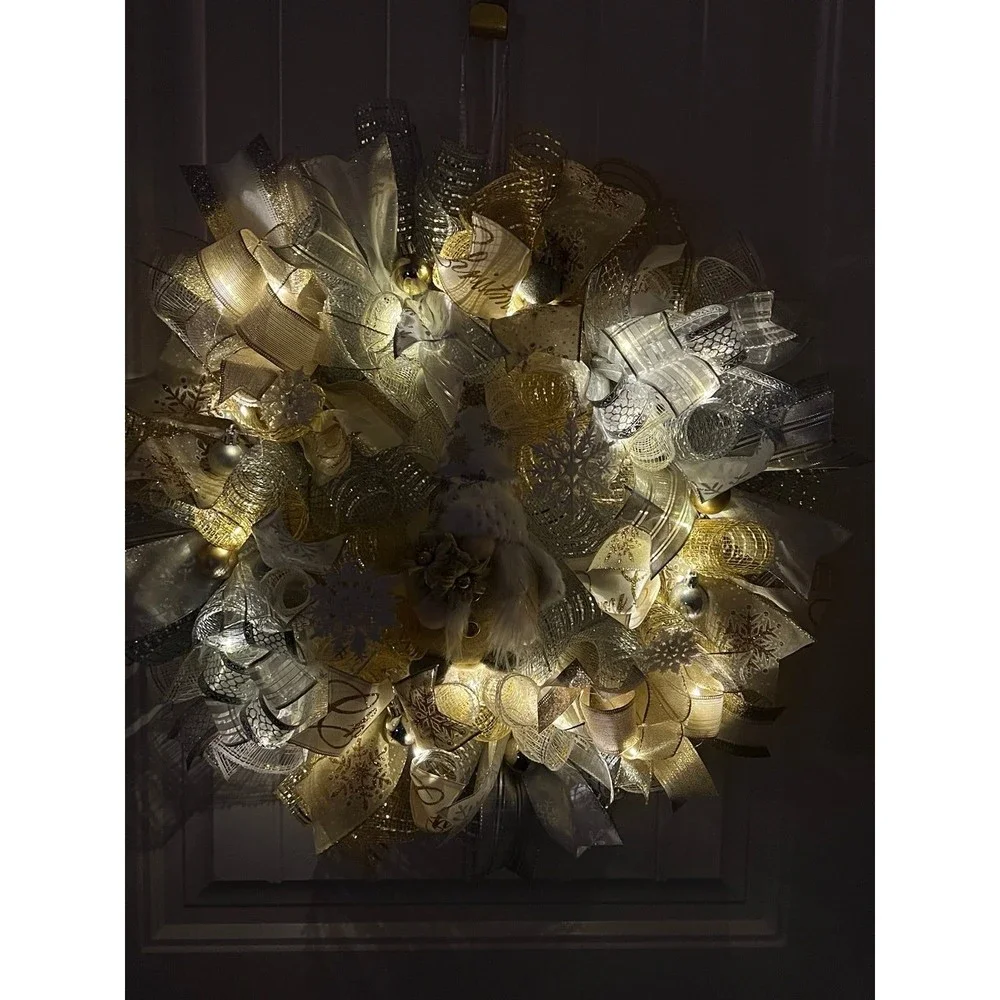 Handmade Christmas Gnome Holiday Ribbon Door Wreath 22 ins W62